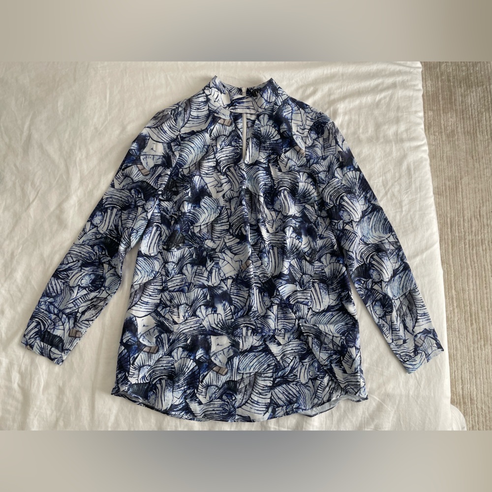 AZAI Blue & White Leaf Print Tie-Neck Blouse | Long Sleeve Floral Top | Medium - Picture 4 of 4